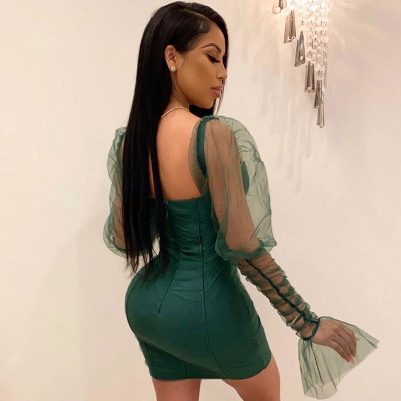 Mesh Puff Sleeve Sweetheart Bustier Bodycon Mini Dress - View 4
