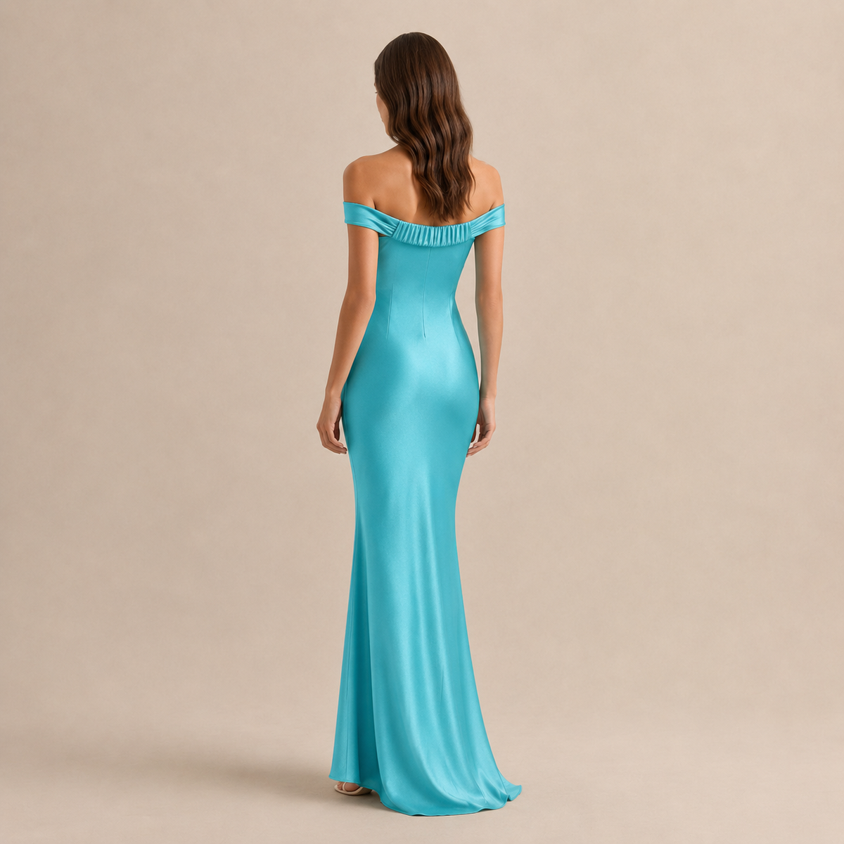 Off Shoulder Twist Front Satin Column Maxi Dress 11