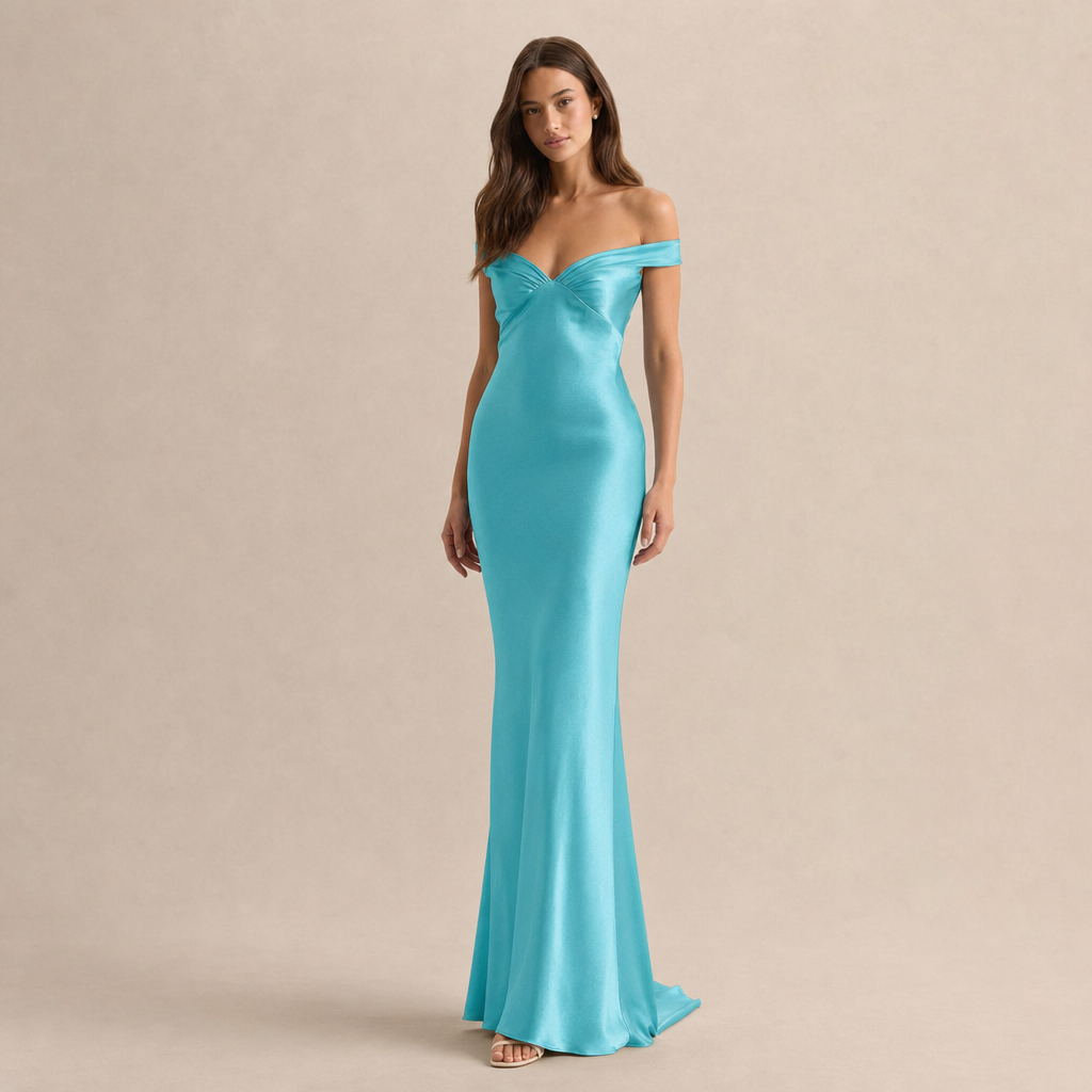 Off Shoulder Twist Front Satin Column Maxi Dress 9