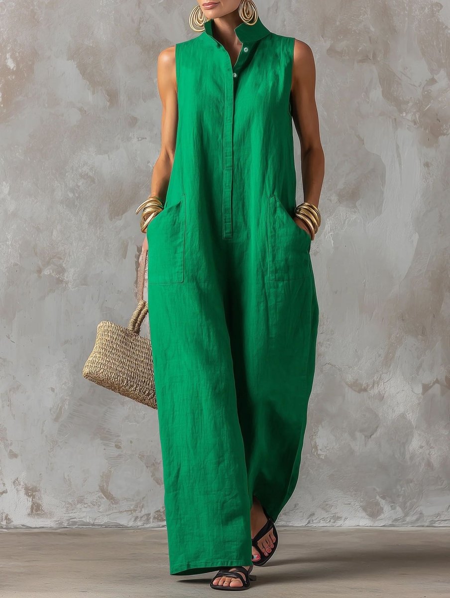Stand Collar Sleeveless Wide Leg Linen Look Jumpsuit 4