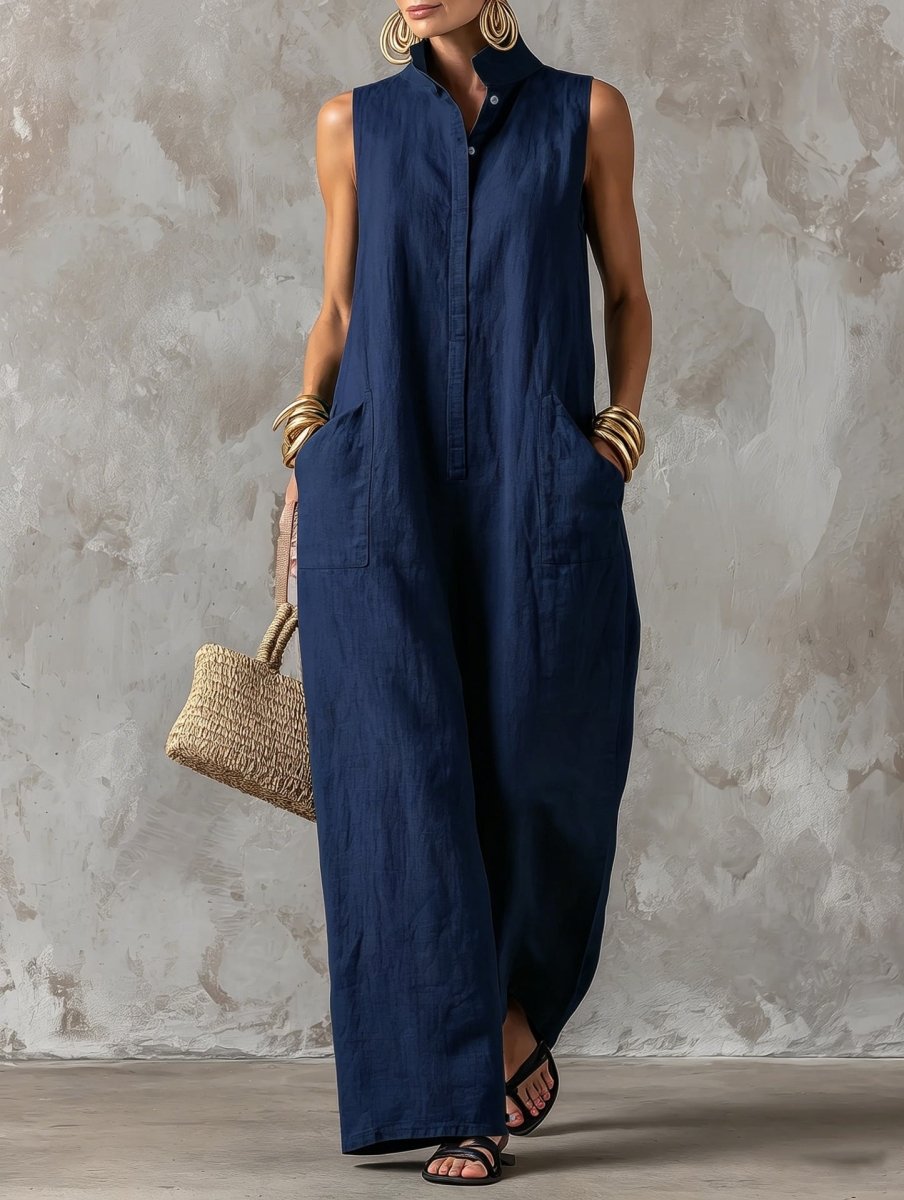 Stand Collar Sleeveless Wide Leg Linen Look Jumpsuit 3