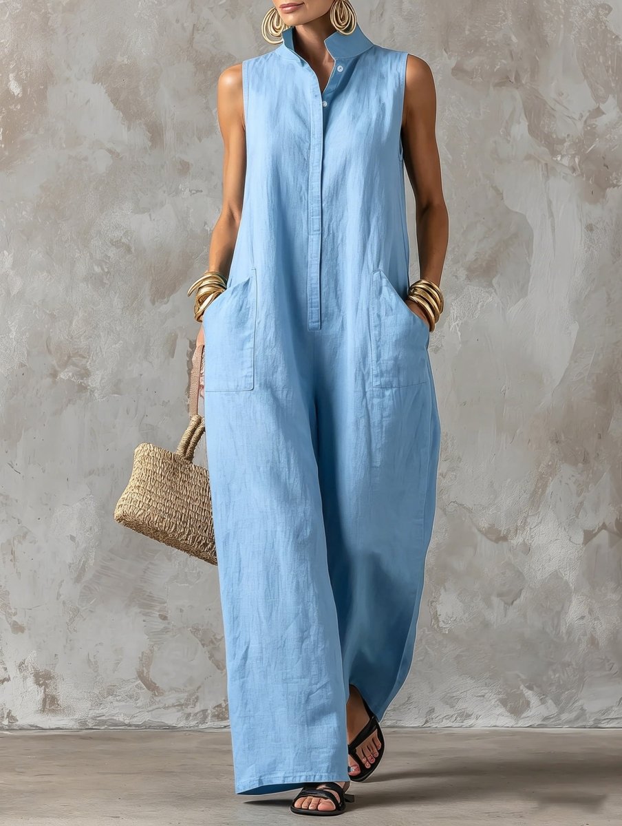 Stand Collar Sleeveless Wide Leg Linen Look Jumpsuit 2