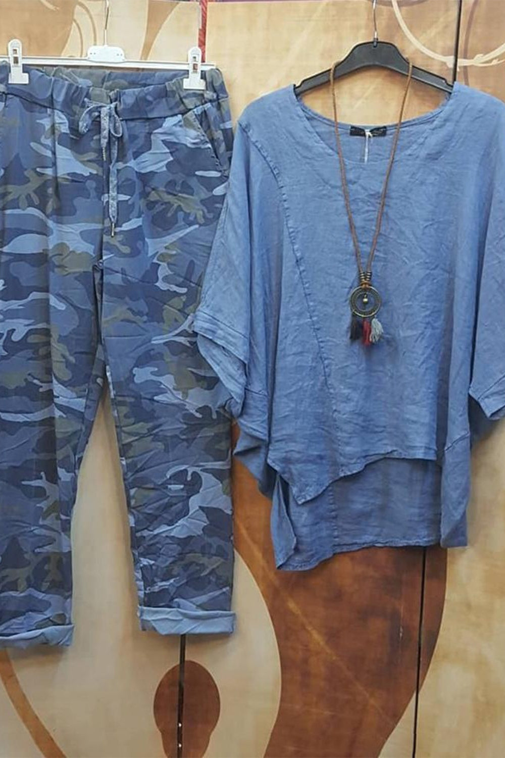 Batwing Sleeve Top and Camo Print Jogger Pants Two Piece Set