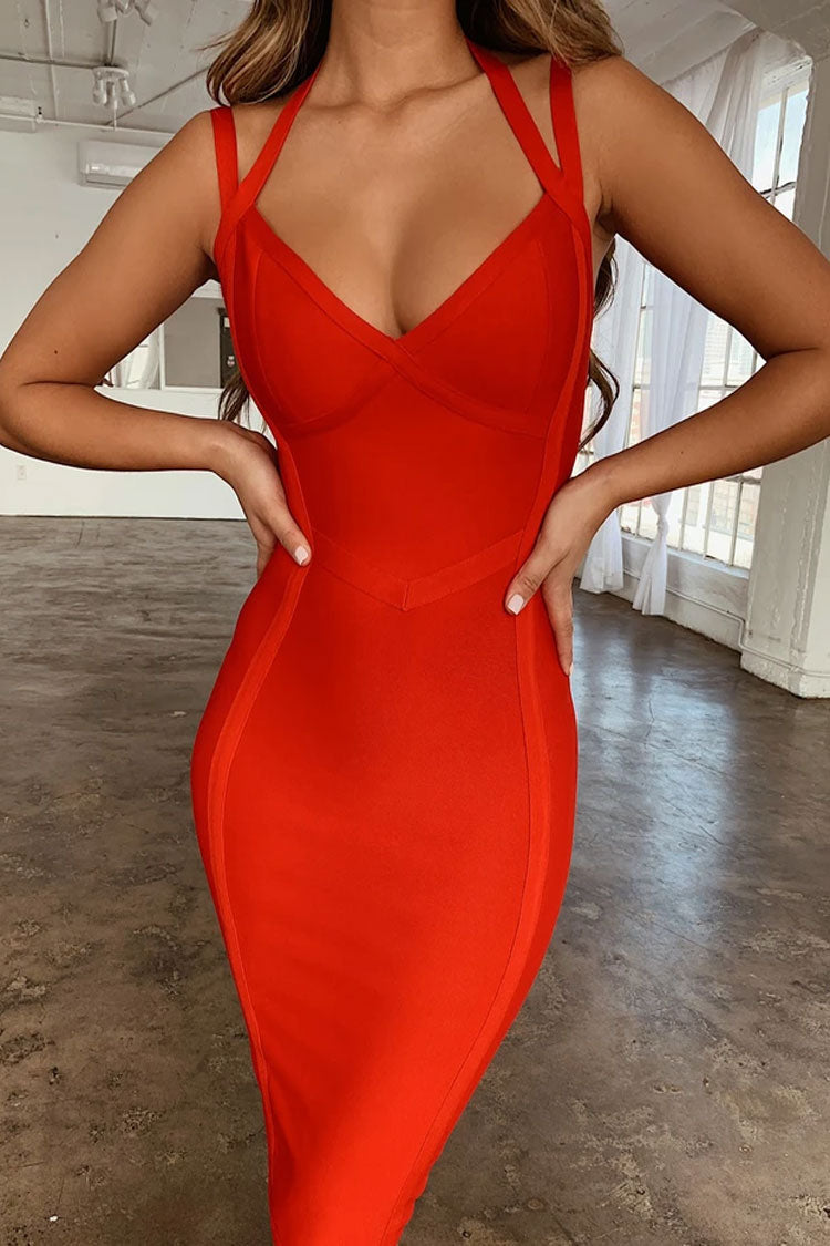 Bandage V-Neck Strappy Bodycon Midi Cocktail Dress - View 3