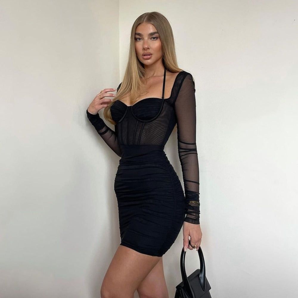 Fiona Ruched Mesh Mini Dress - View 4