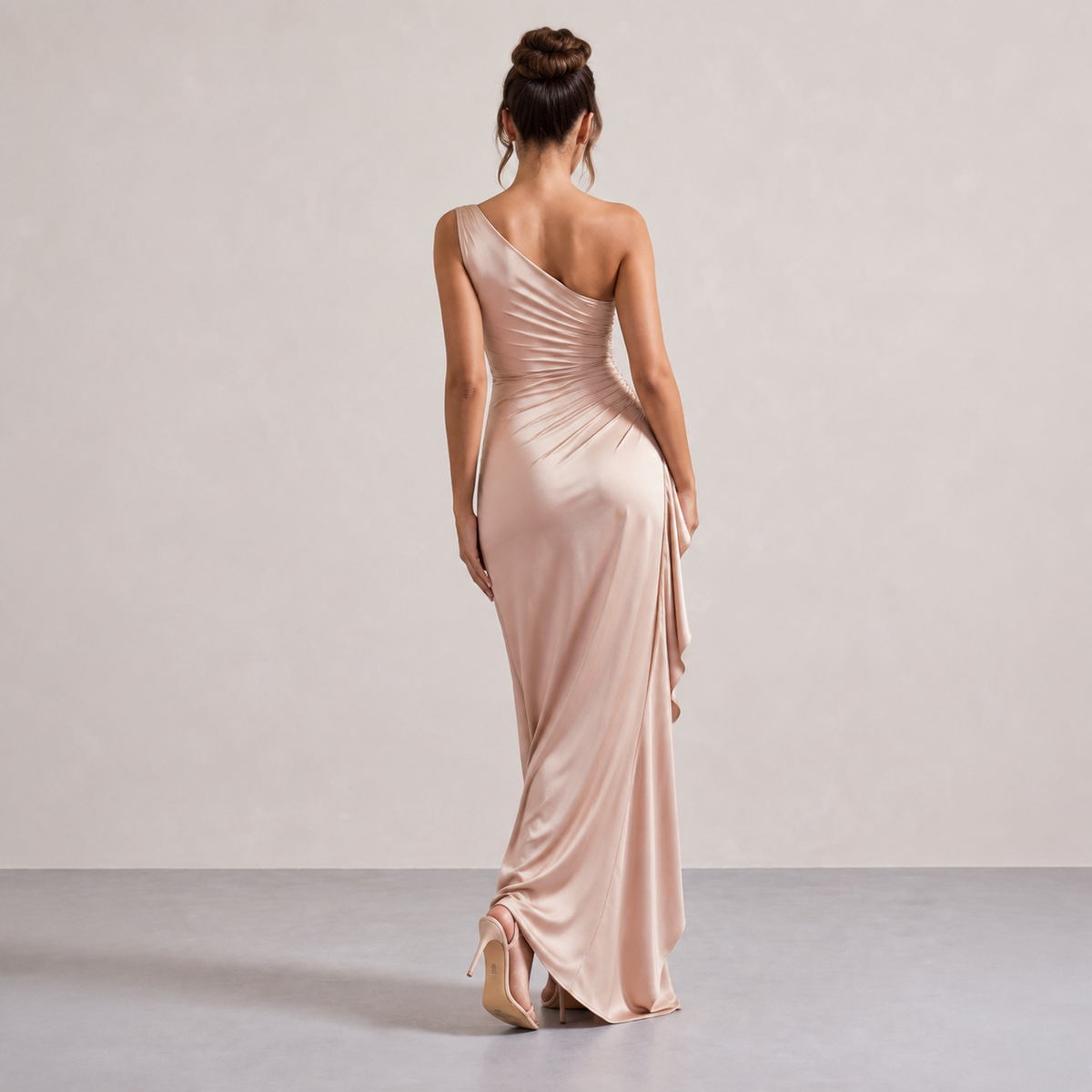 One Shoulder Ruched High Split Ruffle Satin Maxi Gown 3