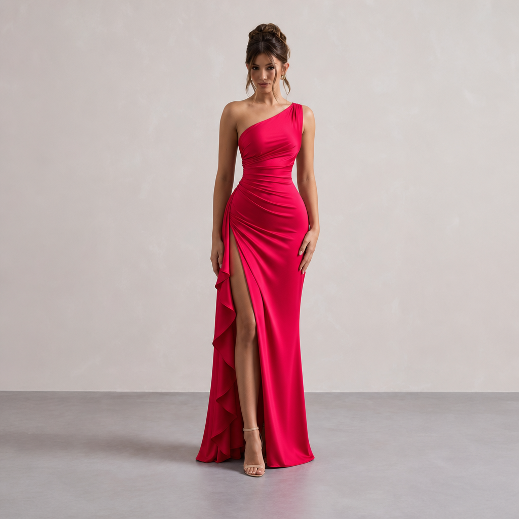 One Shoulder Ruched High Split Ruffle Satin Maxi Gown 4