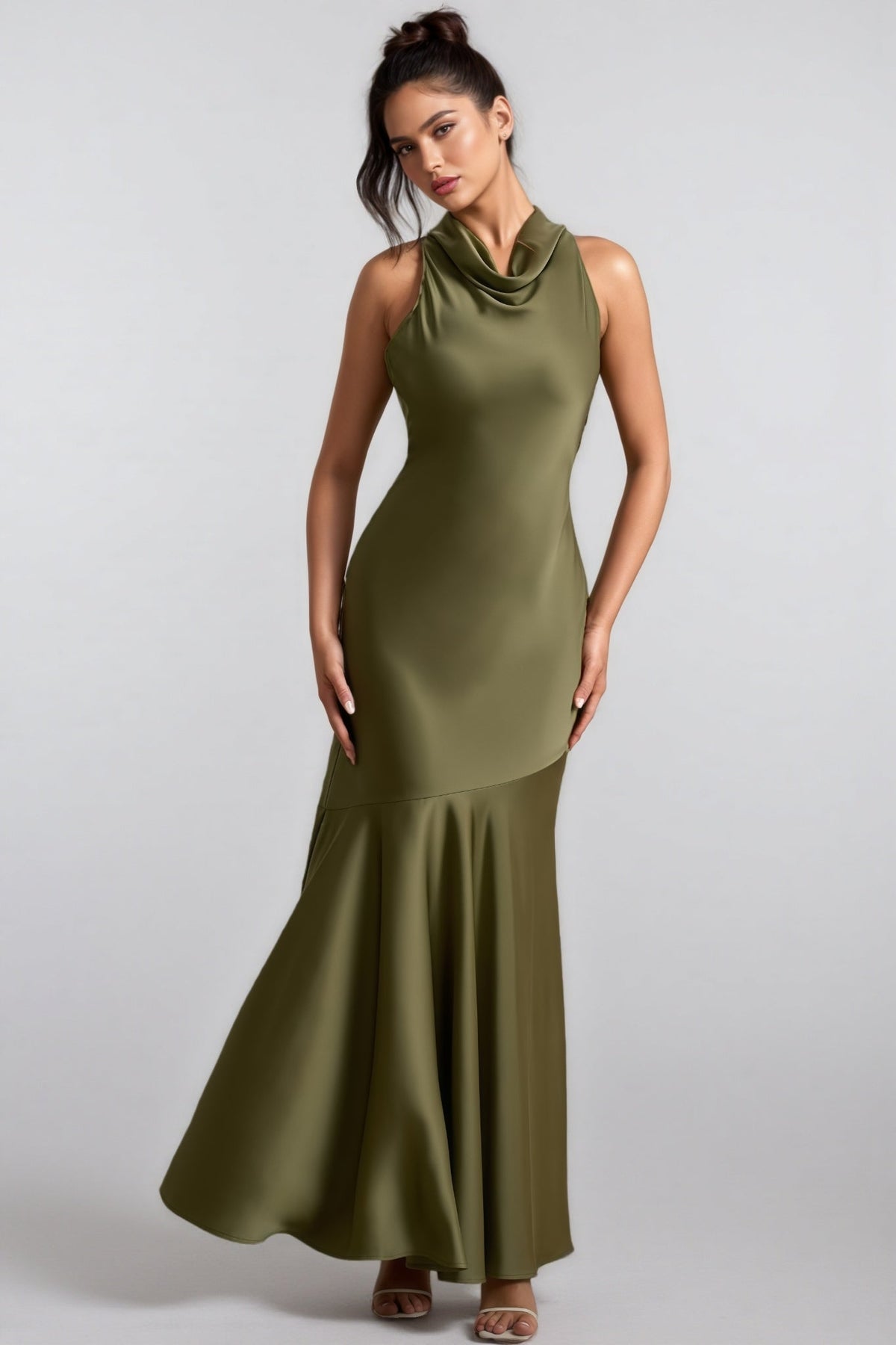 Elaray Green Satin Cowl-Neck Maxi Dress - View 2