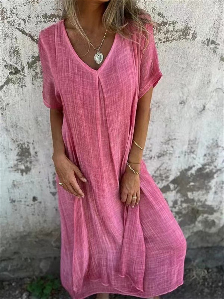 Deep V-Neck Short Sleeve Oversized Relaxed Maxi Dress - View 4
