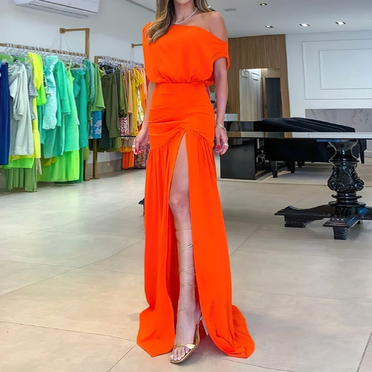 One Shoulder Cape Sleeve Ruched Waist High Split Floor Gown - View 2