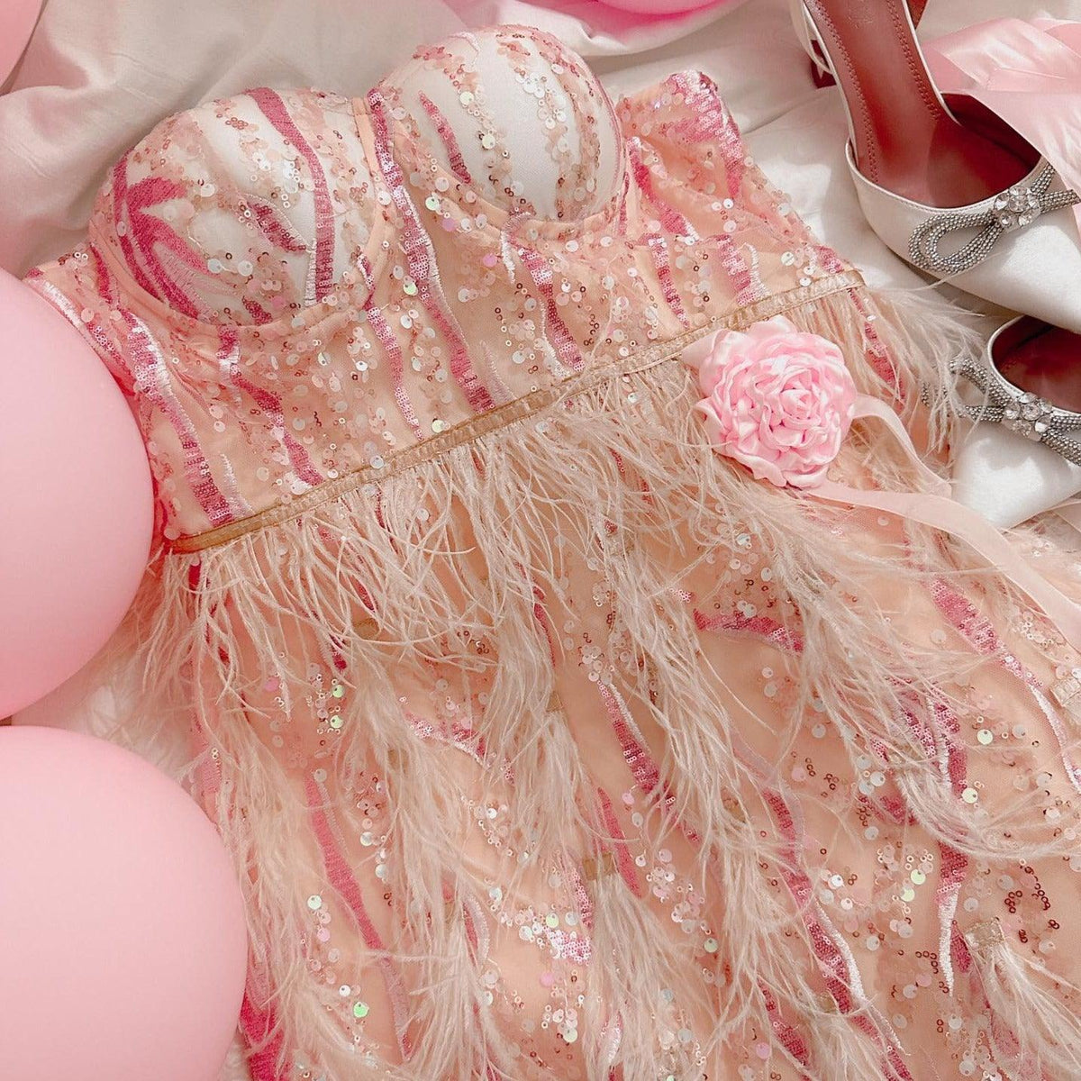 Sequin Strapless Bustier Feather Trim Mini Dress - View 6