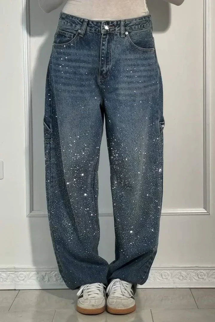 High Waist Rhinestone Wide Leg Baggy Jeans 6