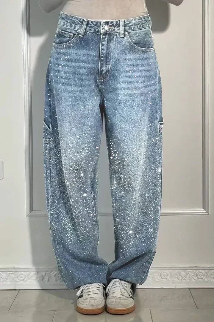 High Waist Rhinestone Wide Leg Baggy Jeans 2