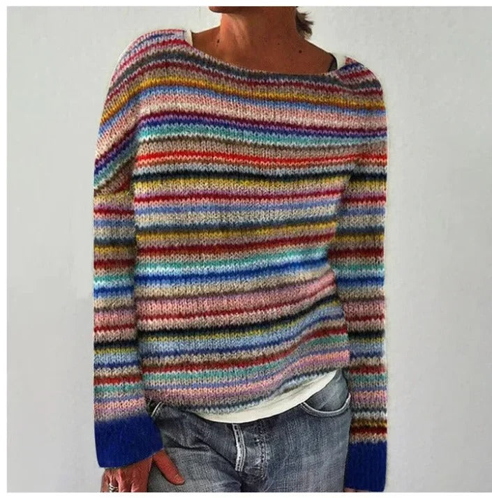 Striped Boat Neck Long Sleeve Knit Sweater