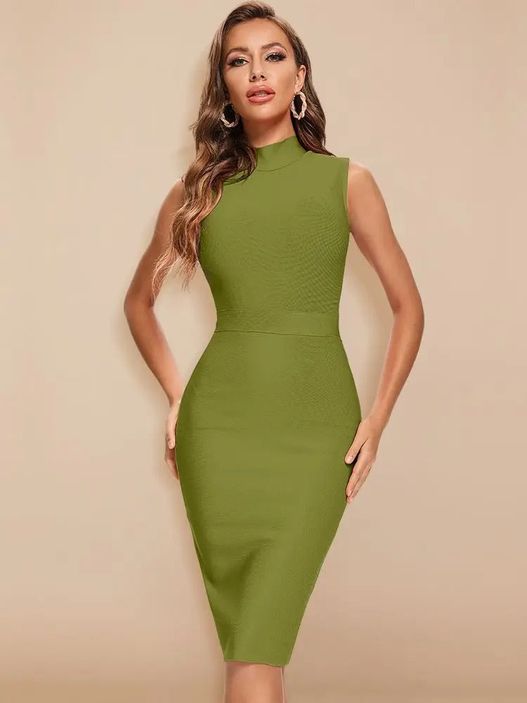 Bandage Sleeveless Mock Neck Bodycon Midi Dress