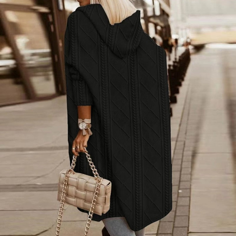 Hooded Cable Knit Longline Cardigan Coat 7