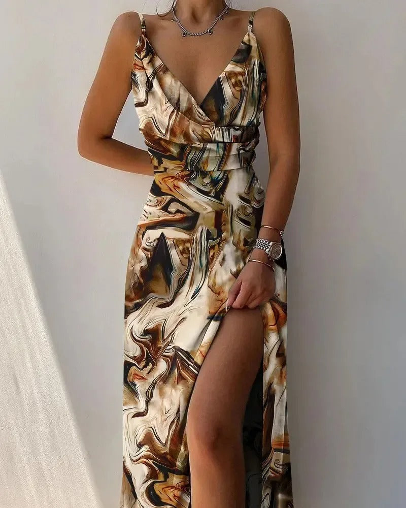Spaghetti Strap Cowl Draped Ruched Satin High Split Maxi Gown - View 3