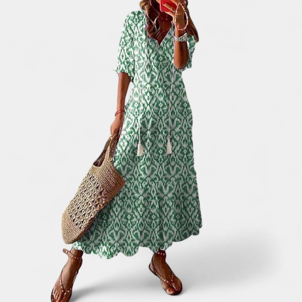 Floral V-Neck Puff Sleeve Tiered Tassel Tie Boho Maxi Dress 2
