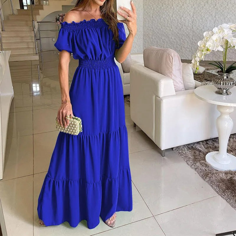 Off Shoulder Puff Sleeve Tie Front Smocked Waist Tiered Maxi Dress - View 9