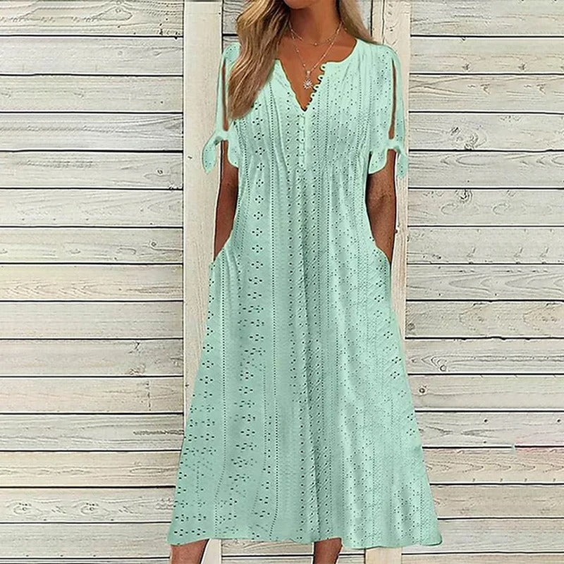 Eyelet V-Neck Button Down Tie Cuff Pocket Midi Summer Dress