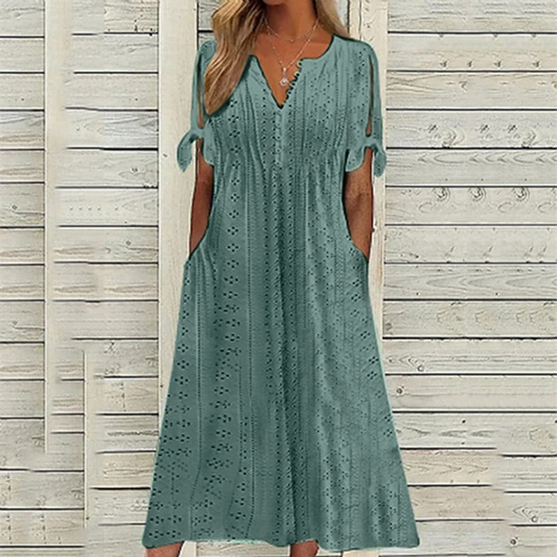 Eyelet V-Neck Button Front Tie Sleeve Side Pocket Midi Dress - View 6