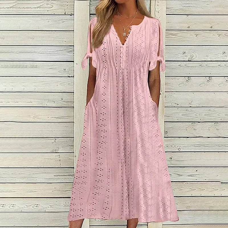 Eyelet V-Neck Button Down Tie Cuff Pocket Midi Summer Dress - View 4