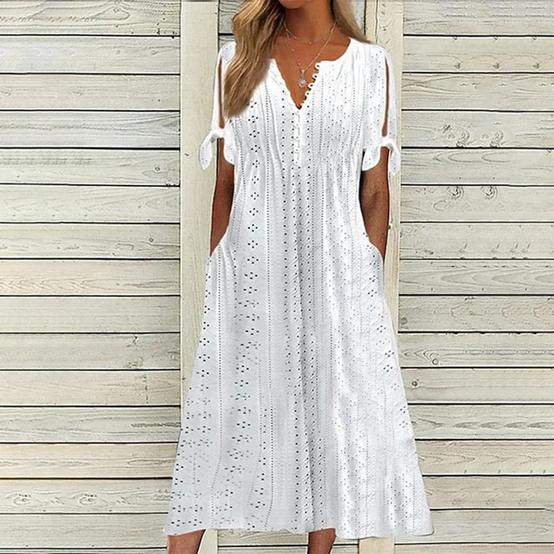 Eyelet V-Neck Button Front Tie Sleeve Side Pocket Midi Dress - View 5