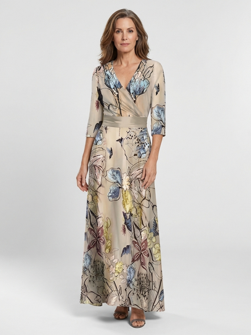 Floral Print V-Neck Three Quarter Sleeve Wrap Maxi Dress
