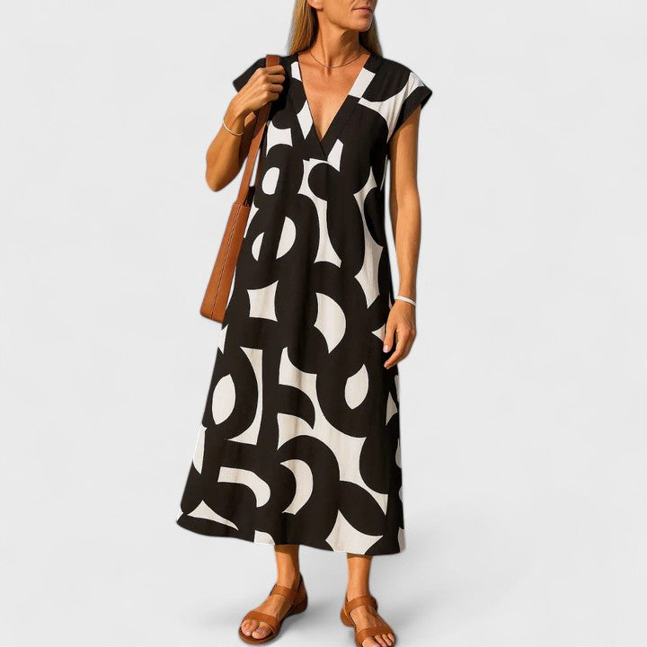 Geometric Print V-Neck Cap Sleeve A-Line Maxi Dress 2