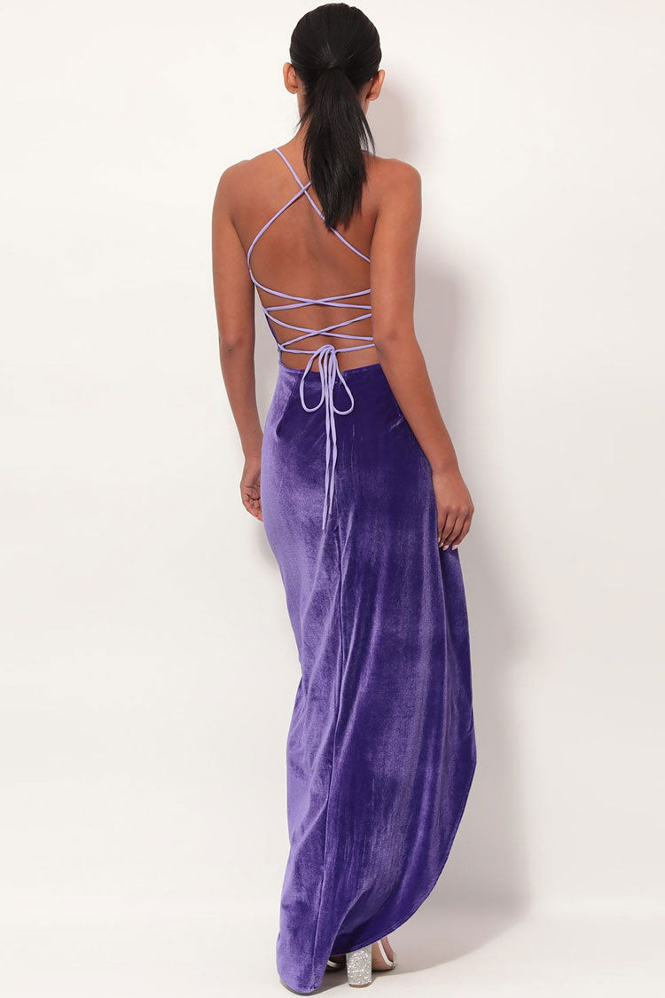 Velvet Cowl Neck High Slit Backless Slip Maxi Dress - Purple - View 4