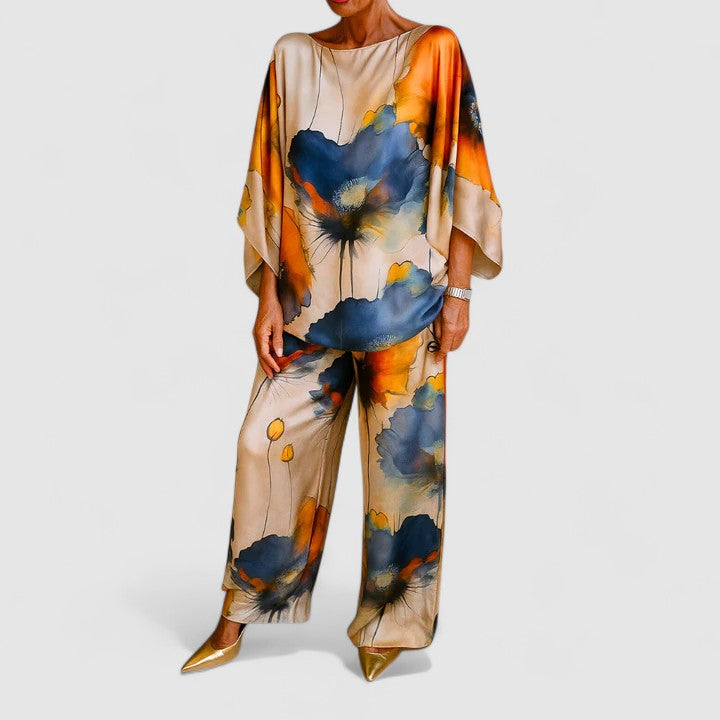 Floral Print Satin Batwing Sleeve Top and Wide Leg Pants Two Piece Set 2