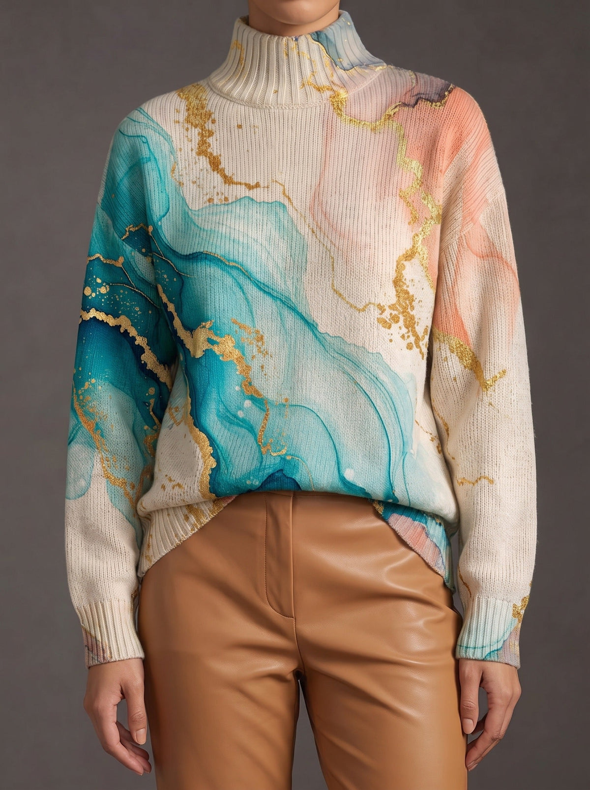 Marble Ink Print Turtleneck Long Sleeve Sweater
