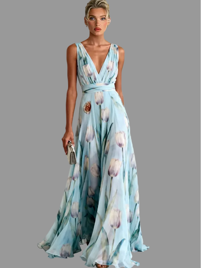 Floral V-Neck Sleeveless Pleated Maxi Dress 2