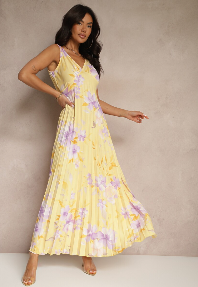 Floral V-Neck Sleeveless Pleated Maxi Dress 4