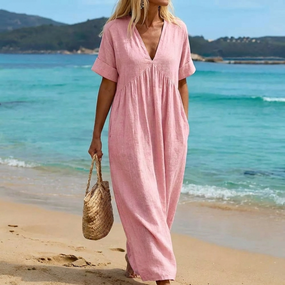 V-Neck Short Sleeve Linen Look Oversized Pocket Maxi Dress