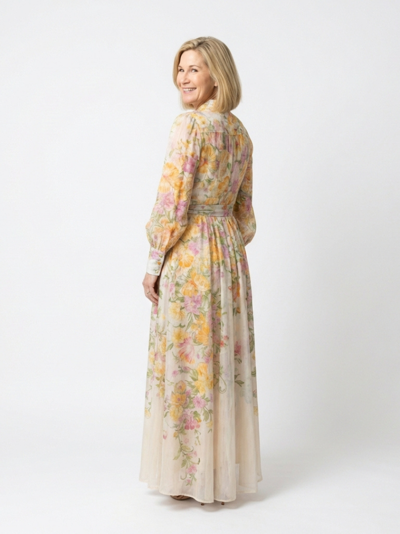 Floral Long Sleeve Button Front Belted Sheer Maxi Dress 2