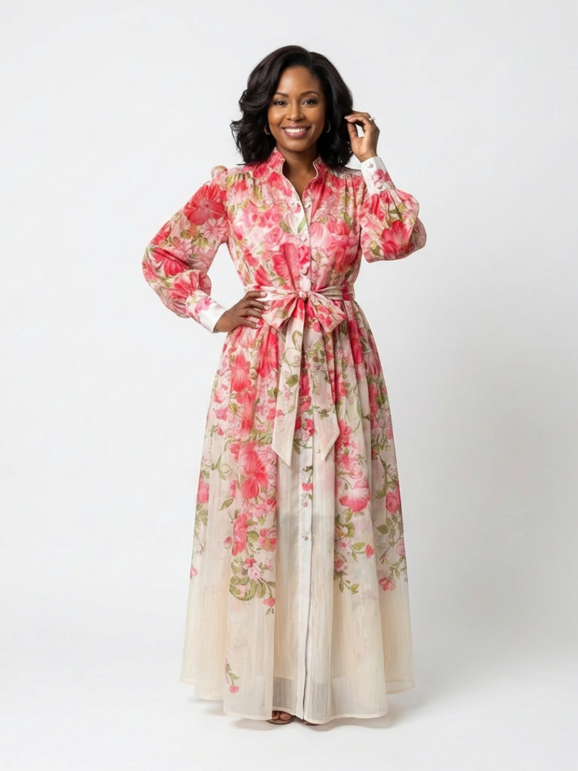 Floral Long Sleeve Button Front Belted Sheer Maxi Dress 5