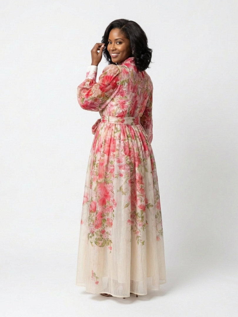 Floral Long Sleeve Button Front Belted Sheer Maxi Dress 6