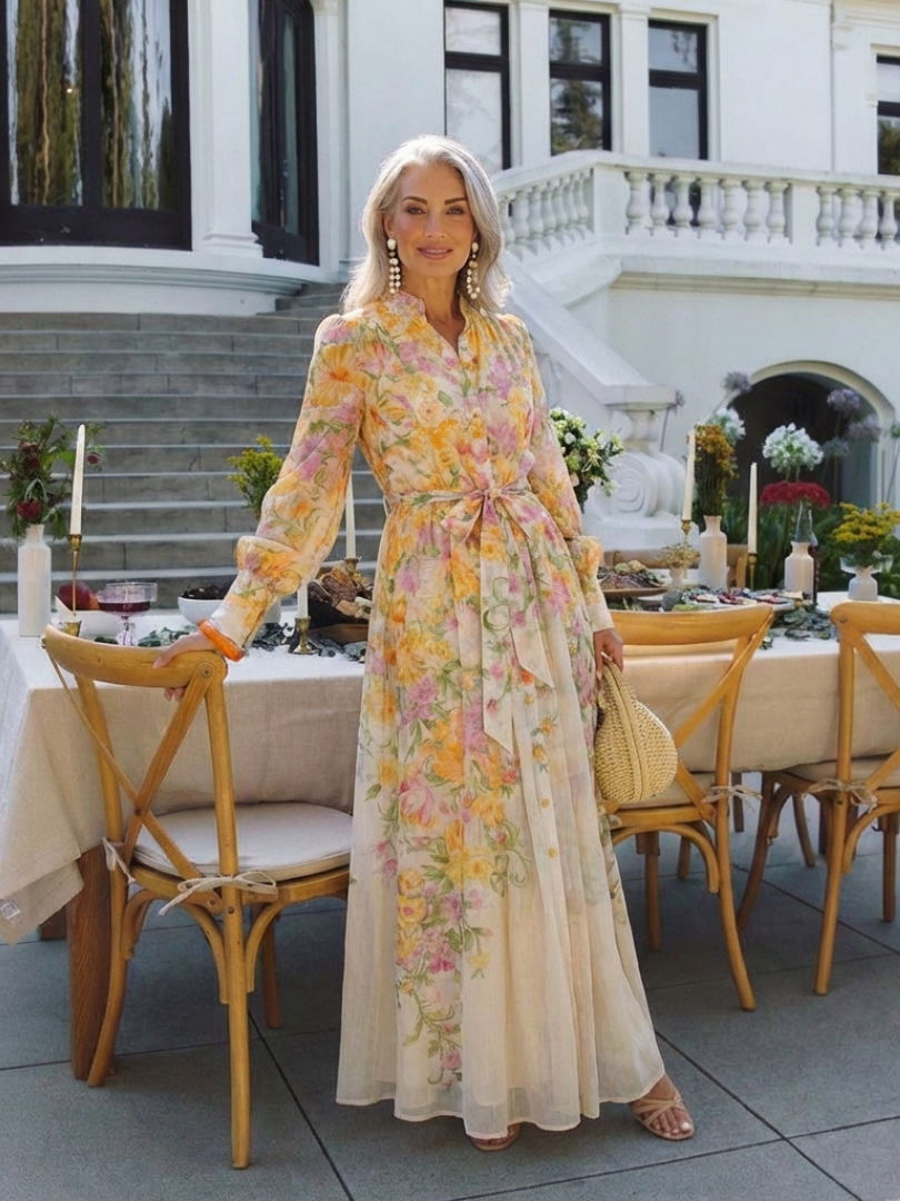 Floral Long Sleeve Button Front Belted Sheer Maxi Dress 8