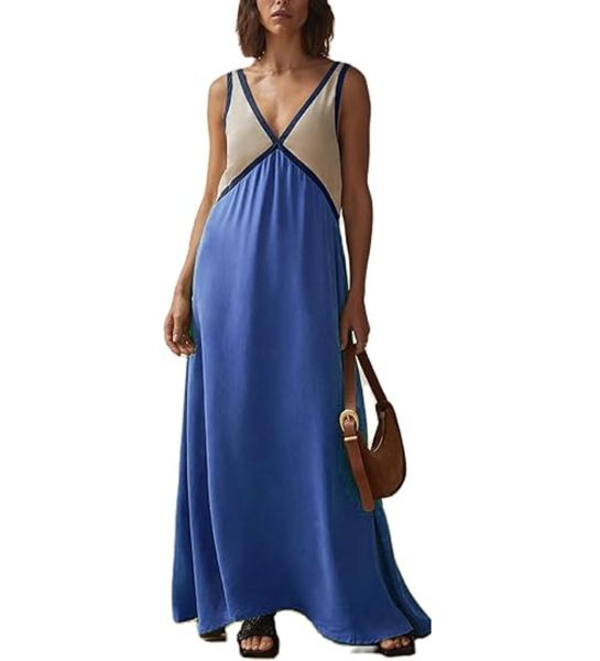 Deep V-Neck Contrast Trim Sleeveless Satin Slip Midi Dress - View 4