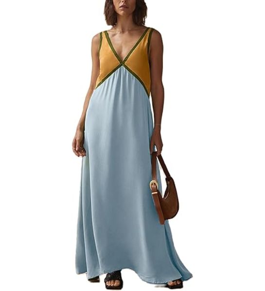 Deep V-Neck Contrast Trim Sleeveless Satin Slip Midi Dress - View 5