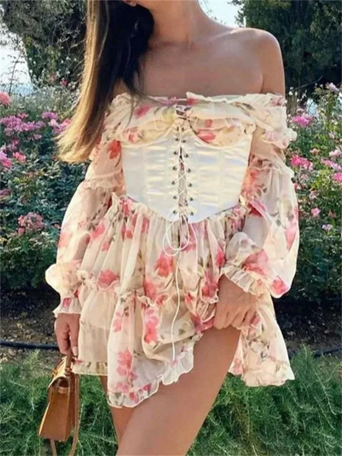 Floral Print Off Shoulder Ruffle Lace Up Corset Mini Dress - View 9