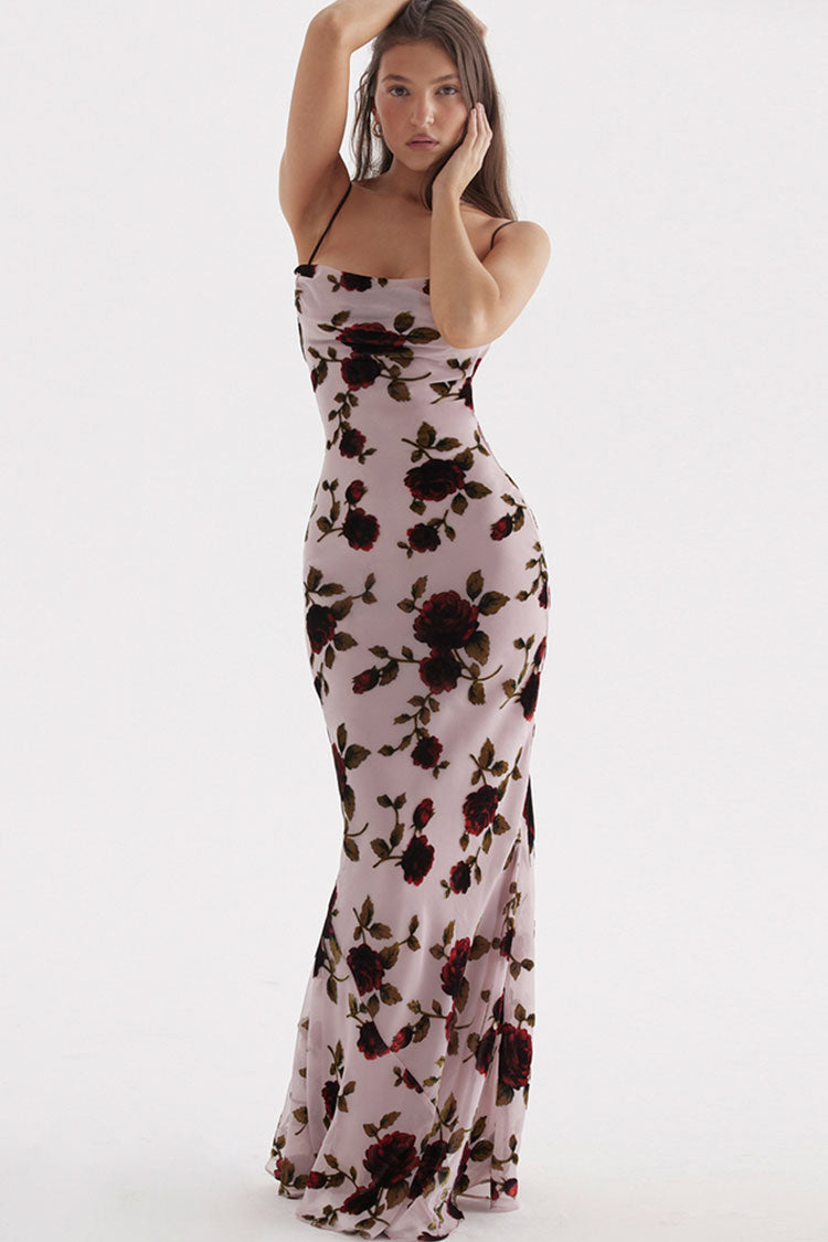 Floral Cowl Neck Spaghetti Strap Fishtail Slip Maxi Dress - View 2