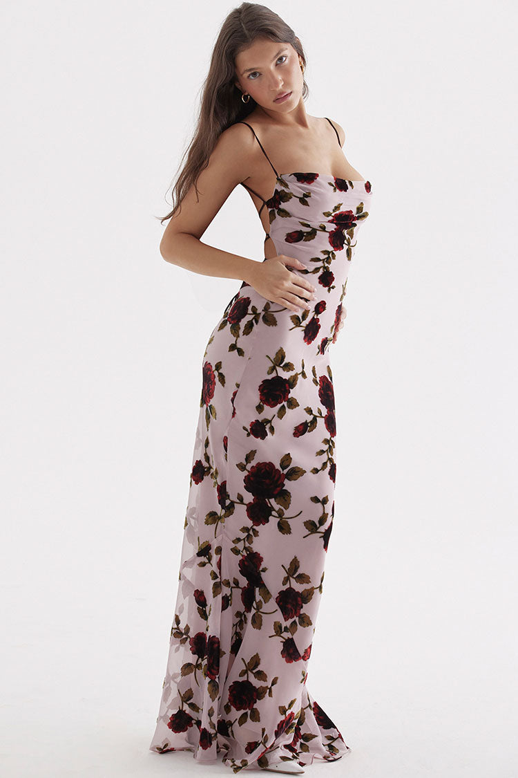 Floral Cowl Neck Spaghetti Strap Fishtail Slip Maxi Dress - View 3