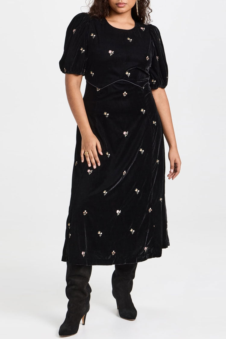 Floral Embroidery Puff Sleeve A-Line Velvet Midi Dress - View 2