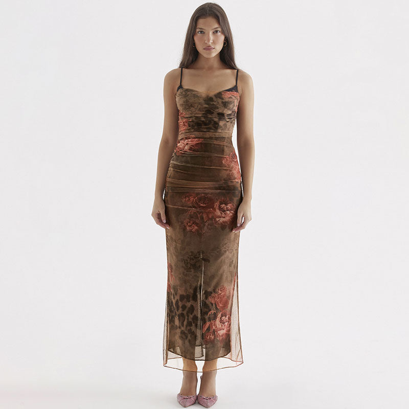 Spaghetti Strap Cowl Neck Ruched Mesh Floral Bodycon Maxi Dress