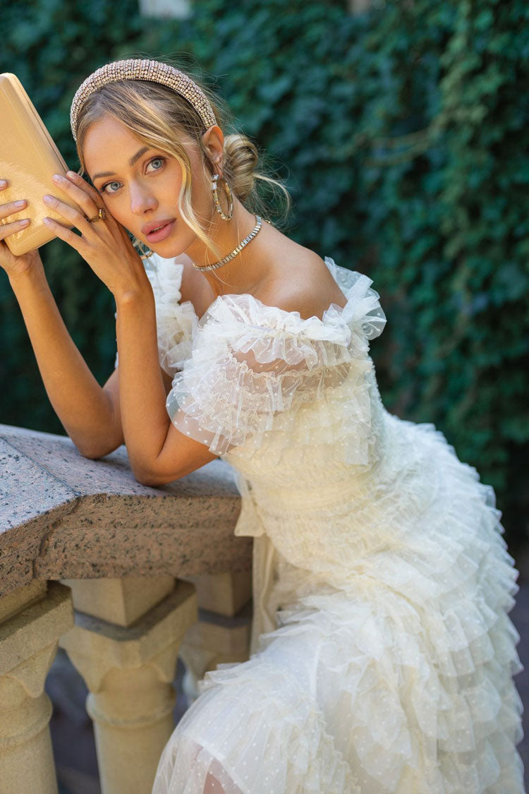 Off Shoulder Tiered Ruffle Dot Tulle Cocktail Midi Dress in Apricot