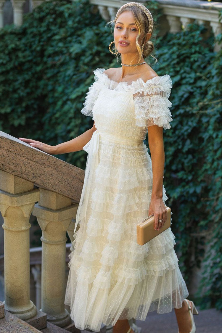 Off Shoulder Tiered Ruffle Dot Tulle Cocktail Midi Dress in Apricot - View 4