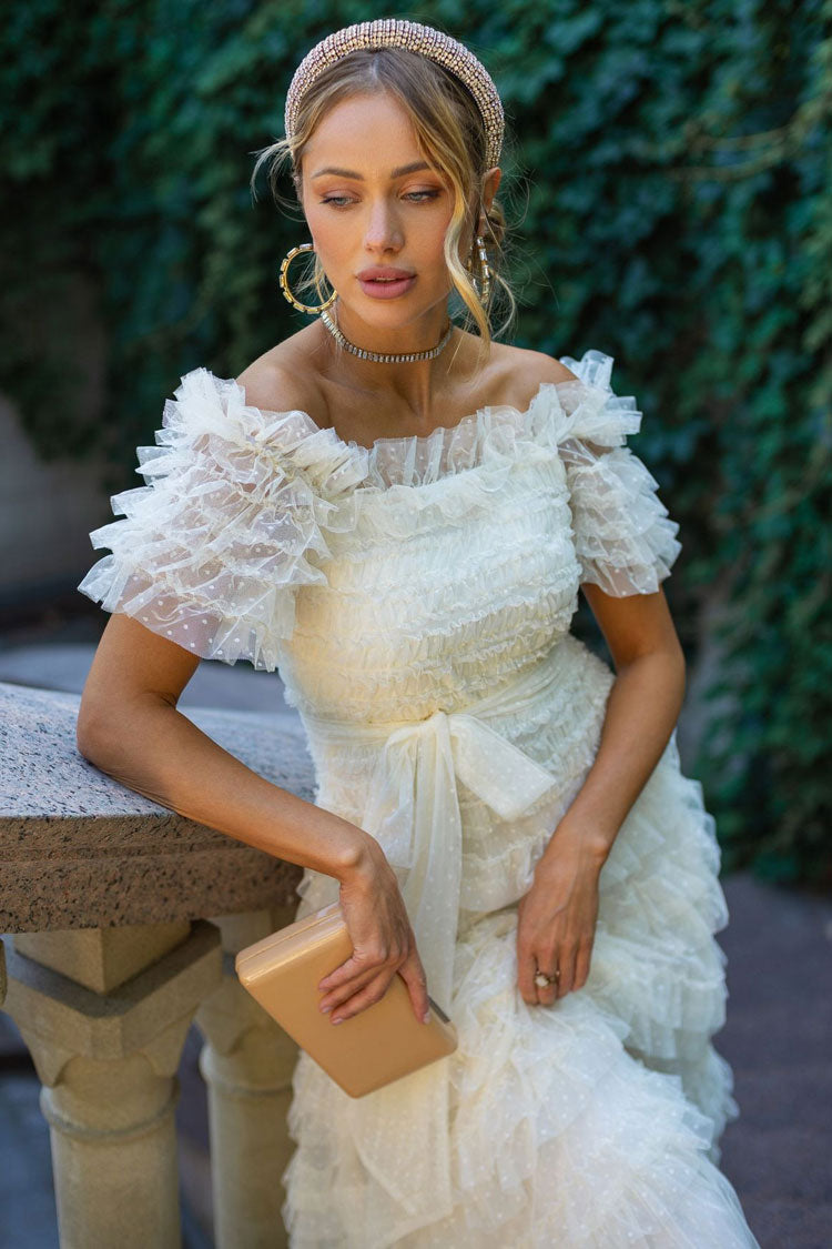 Off Shoulder Tiered Ruffle Dot Tulle Cocktail Midi Dress in Apricot - View 2