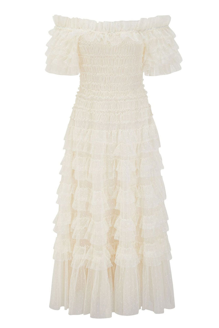 Off Shoulder Tiered Ruffle Dot Tulle Cocktail Midi Dress in Apricot - View 6